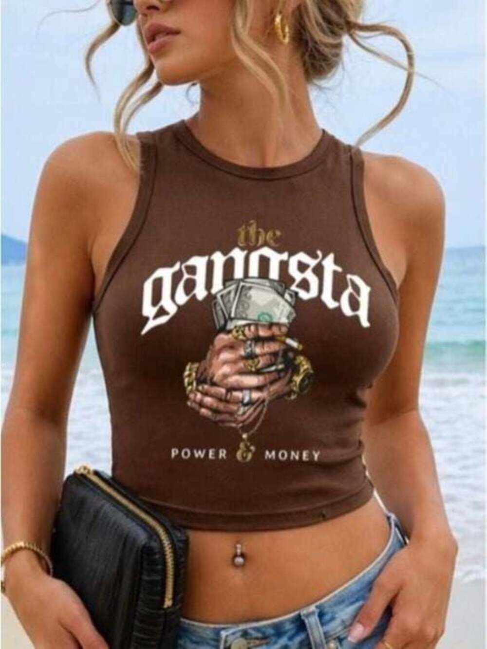 Brown Graphic Crop Soft Tank Top - The Gangsta Design Small
